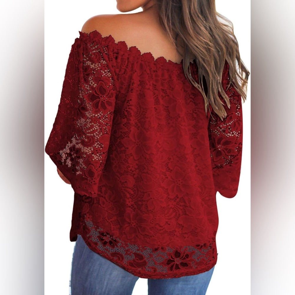 Off-Shoulder Lace Blouse - Red